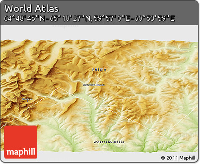 Physical 3D Map of the Area around 64° 59' 36" N, 60° 25' 29" E