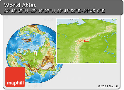 Physical Location Map of the Area around 64° 59' 36" N, 61° 16' 29" E