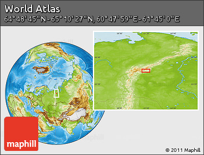 Physical Location Map of the Area around 64° 59' 36" N, 61° 16' 29" E