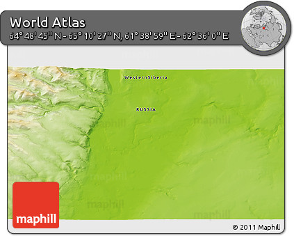 Physical 3D Map of the Area around 64° 59' 36" N, 62° 7' 30" E