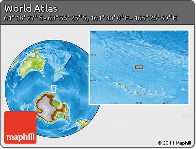 Physical Location Map of the Area around 64° 7' 26" S, 164° 58' 29" E
