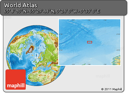 Physical Location Map of the Area around 65° 18' 57" N, 0° 4' 30" E