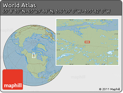 Savanna Style Location Map of the Area around 65° 18' 57" N, 106° 10' 30" W, hill shading
