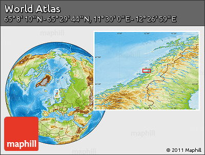 Physical Location Map of the Area around 65° 18' 57" N, 11° 58' 29" E