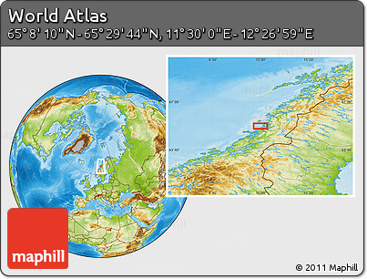 Physical Location Map of the Area around 65° 18' 57" N, 11° 58' 29" E