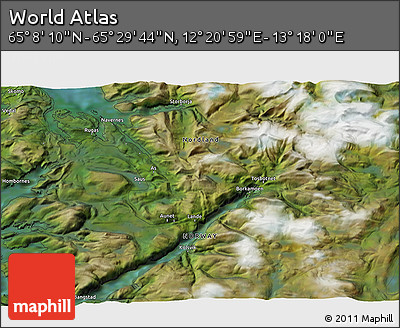 Satellite 3D Map of the Area around 65° 18' 57" N, 12° 49' 29" E