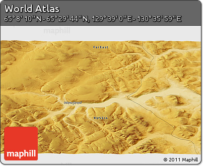 Physical 3D Map of the Area around 65° 18' 57" N, 130° 7' 30" E