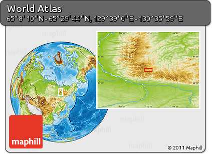 Physical Location Map of the Area around 65° 18' 57" N, 130° 7' 30" E