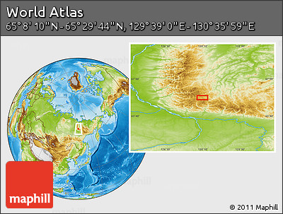 Physical Location Map of the Area around 65° 18' 57" N, 130° 7' 30" E
