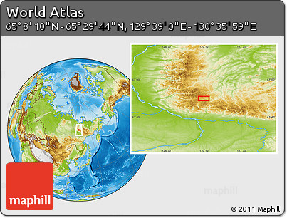 Physical Location Map of the Area around 65° 18' 57" N, 130° 7' 30" E