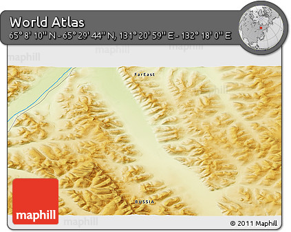 Physical 3D Map of the Area around 65° 18' 57" N, 131° 49' 29" E
