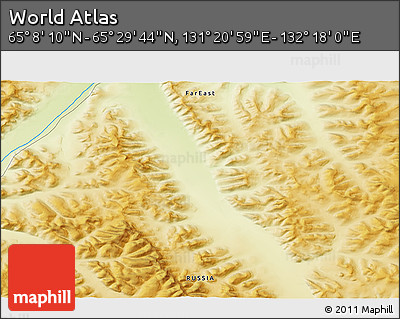 Physical 3D Map of the Area around 65° 18' 57" N, 131° 49' 29" E