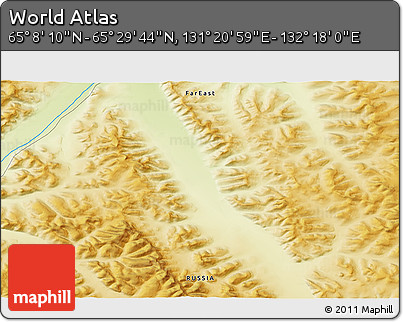 Physical 3D Map of the Area around 65° 18' 57" N, 131° 49' 29" E