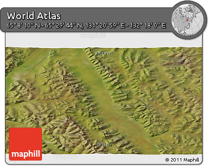 Satellite 3D Map of the Area around 65° 18' 57" N, 131° 49' 29" E