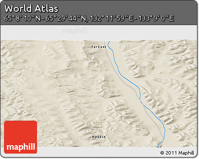 Shaded Relief 3D Map of the Area around 65°&nbsp;18'&nbsp;57"&nbsp;N,&nbsp;132°&nbsp;40'&nbsp;30"&nbsp;E
