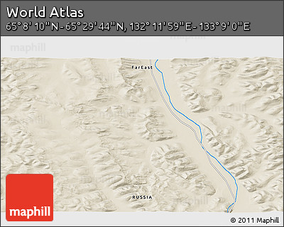 Shaded Relief 3D Map of the Area around 65°&nbsp;18'&nbsp;57"&nbsp;N,&nbsp;132°&nbsp;40'&nbsp;30"&nbsp;E
