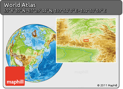Physical Location Map of the Area around 65° 18' 57" N, 134° 22' 30" E