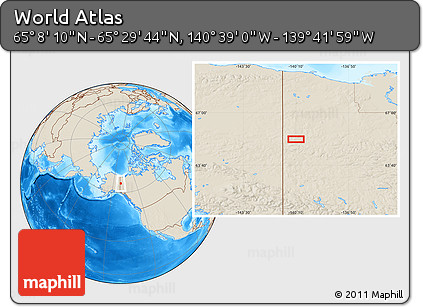 Shaded Relief Location Map of the Area around 65° 18' 57" N, 140° 10' 30" W