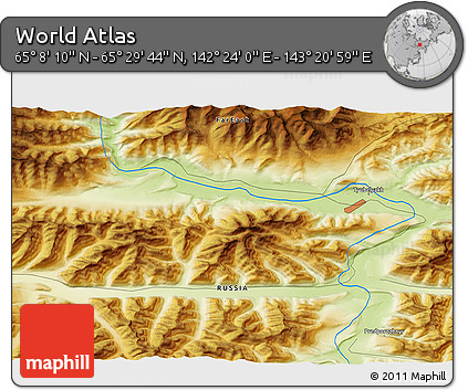 Physical 3D Map of the Area around 65° 18' 57" N, 142° 52' 30" E