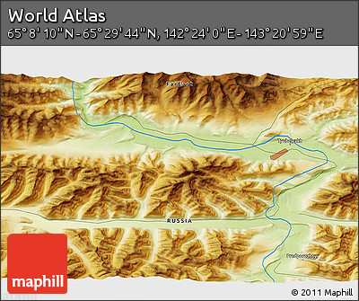 Physical 3D Map of the Area around 65° 18' 57" N, 142° 52' 30" E