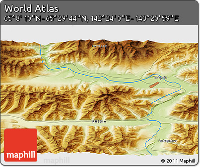 Physical 3D Map of the Area around 65° 18' 57" N, 142° 52' 30" E