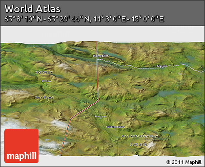 Satellite 3D Map of the Area around 65° 18' 57" N, 14° 31' 30" E