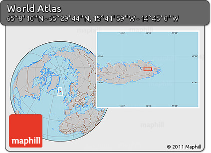 Gray Location Map of the Area around 65° 18' 57" N, 15° 13' 29" W
