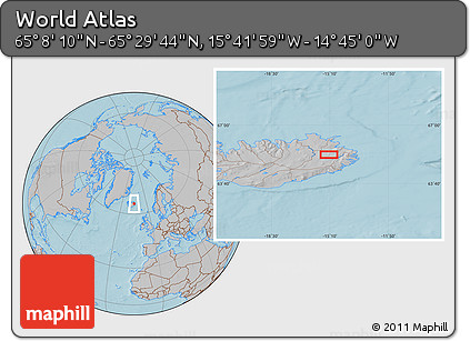 Gray Location Map of the Area around 65° 18' 57" N, 15° 13' 29" W, hill shading