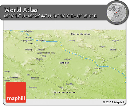 Physical 3D Map of the Area around 65° 18' 57" N, 18° 46' 29" E
