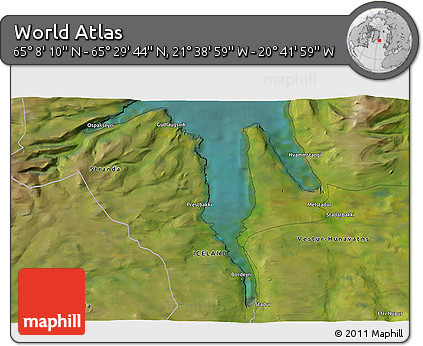 Satellite 3D Map of the Area around 65° 18' 57" N, 21° 10' 29" W