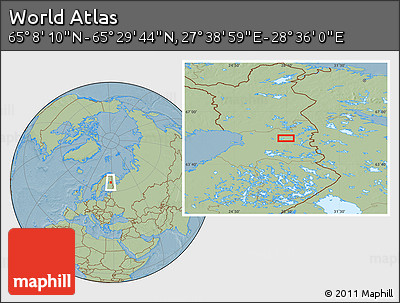 Savanna Style Location Map of the Area around 65° 18' 57" N, 28° 7' 30" E, hill shading