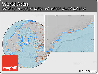 Gray Location Map of the Area around 65° 18' 57" N, 38° 10' 29" W, hill shading