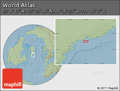 Savanna Style Location Map of the Area around 65° 18' 57" N, 38° 10' 29" W, hill shading