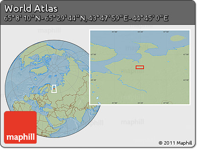 Savanna Style Location Map of the Area around 65° 18' 57" N, 44° 16' 29" E, hill shading