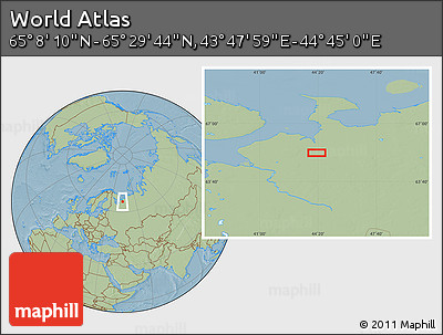 Savanna Style Location Map of the Area around 65° 18' 57" N, 44° 16' 29" E, hill shading
