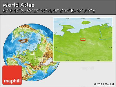 Physical Location Map of the Area around 65° 18' 57" N, 48° 31' 29" E