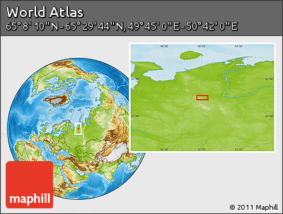 Physical Location Map of the Area around 65° 18' 57" N, 50° 13' 30" E
