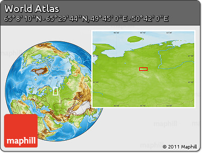 Physical Location Map of the Area around 65° 18' 57" N, 50° 13' 30" E