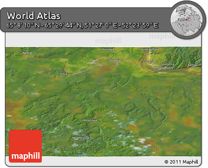 Satellite 3D Map of the Area around 65° 18' 57" N, 51° 55' 29" E