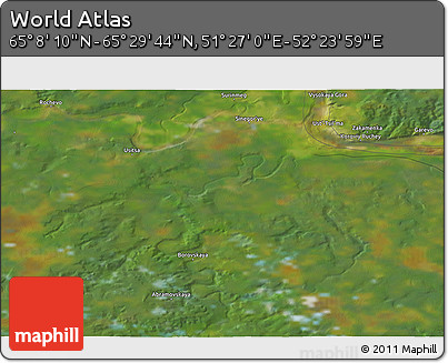 Satellite 3D Map of the Area around 65° 18' 57" N, 51° 55' 29" E