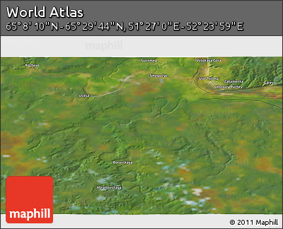 Satellite 3D Map of the Area around 65° 18' 57" N, 51° 55' 29" E