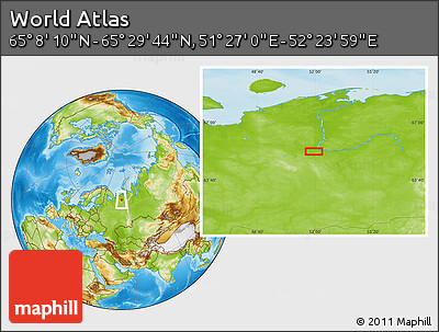 Physical Location Map of the Area around 65° 18' 57" N, 51° 55' 29" E