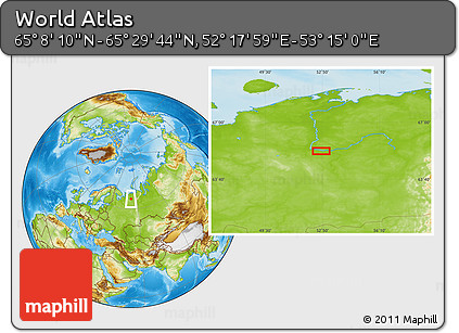 Physical Location Map of the Area around 65° 18' 57" N, 52° 46' 29" E