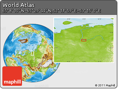 Physical Location Map of the Area around 65° 18' 57" N, 52° 46' 29" E