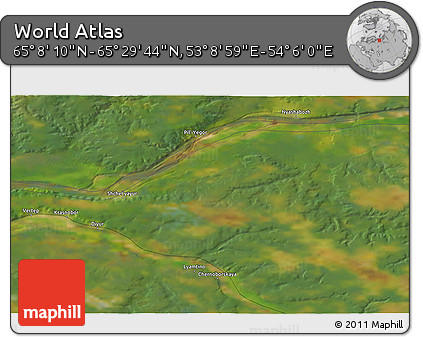 Satellite 3D Map of the Area around 65° 18' 57" N, 53° 37' 30" E