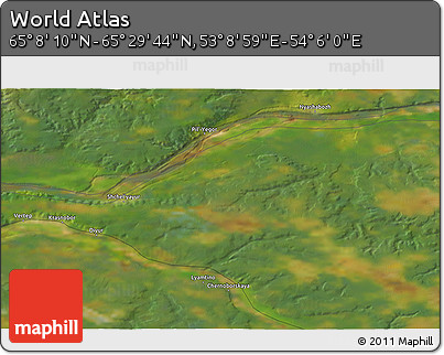 Satellite 3D Map of the Area around 65° 18' 57" N, 53° 37' 30" E