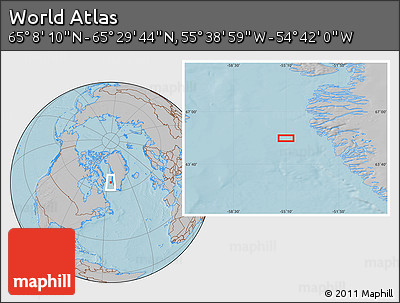 Gray Location Map of the Area around 65° 18' 57" N, 55° 10' 29" W, hill shading