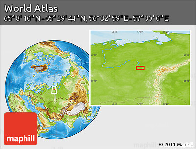 Physical Location Map of the Area around 65° 18' 57" N, 57° 1' 29" E