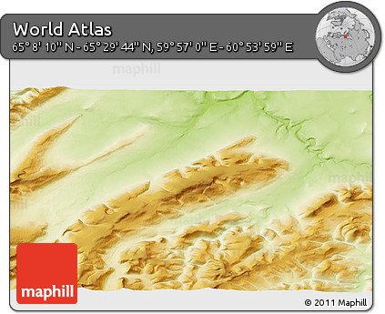 Physical 3D Map of the Area around 65° 18' 57" N, 60° 25' 29" E