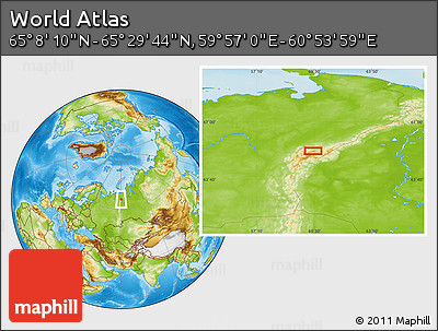 Physical Location Map of the Area around 65° 18' 57" N, 60° 25' 29" E